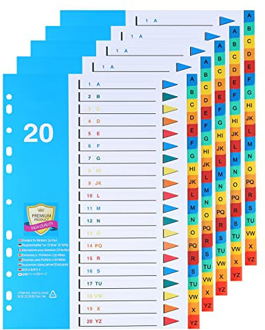 [5 Stück]20-teiliges Register für Ordner A4 A-Z,Farbig Ordner Trennblätter aus PP für Schule, Büro