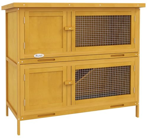 PawHut Rabbit Hutch Guinea Pig Hutch Double Decker Pet Cage with Openable Roof, Divider, Ramp for Outdoor 97 x 44 x 91cm, Yellow
