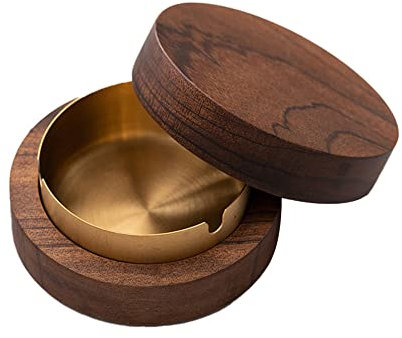 DAJASD Aschenbecher für Draussen, Aschenbecher Mit Deckel, Edelstahl Nussbaum Windaschenbecher, Anti-Flugasche Massivholz Aschenbecher für Draussen Innen Büro Wohnzimmer - 10.4 X10.4 X 4.5cm
