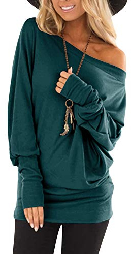Hiistandd Women's Off Shoulder Tops Shirts Baggy Batwing Top Shirts Jumper Tunic Knit Oversized Pullover Sweater T Shirt Casual Tunic Tops Blouse Dark Green