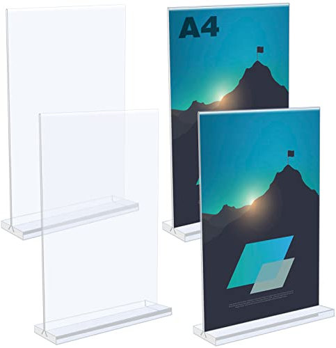 UMILKI 4 Pezzi Porta Menu da Tavolo in Acrilico, Espositore da tavolo A4 con Base, T Supporti menù, Porta Avvisi da Tavolo per Menu, Foto, Prezzi, Poster