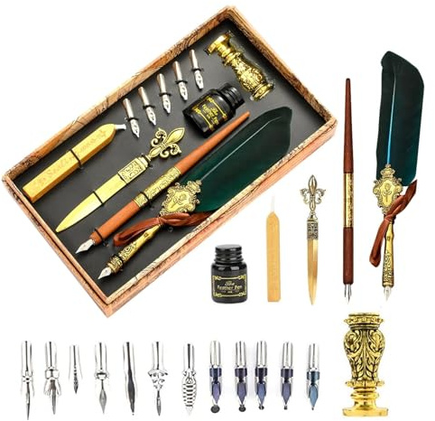 Joyeee Plume d'oie calligraphie, avec Stylos Plume de Calligraphie en Bois, coupe papier, Antique Cire à Cacheter, Plumes pour Porte Plume, Quill Pen Feather Pen Encre Set