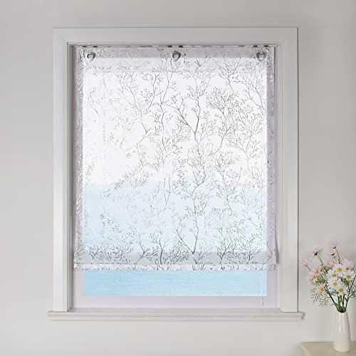 ESLIR Raffrollo ohne Bohren Raffgardine mit Ösen Transparent Gardinen mit U-Haken Ösenrollo Leinen Raffrollo im Landhausstil Silber BxH 60x140cm 1 Stück