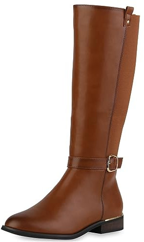 VAN HILL Damen Reiterstiefel Blockabsatz Schnallen Trendy Schuhe 840544 213098 Hellbraun 39