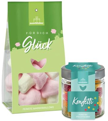 2er Set Silvester Marshmallows Viel Glück 100g und Fruchtgummi Konfetti 120g | Geschenk für Neujahr | Gummibärchen Geschenk für Silvester | Geschenk für deine Liebsten