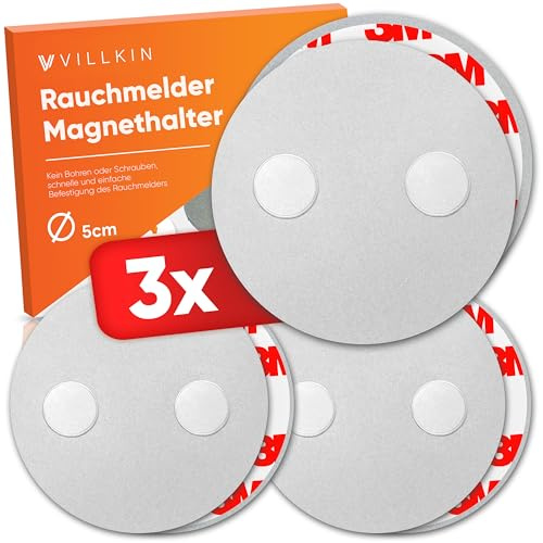 Villkin Rauchmelder Magnethalter - 3 Stück, ∅ 5cm - Magnetische Halterung für Feuer- und Rauchmelder ohne Bohren für alle Oberflächen - Schnelle und einfache Montage (3X, 5cm Durchmesser)