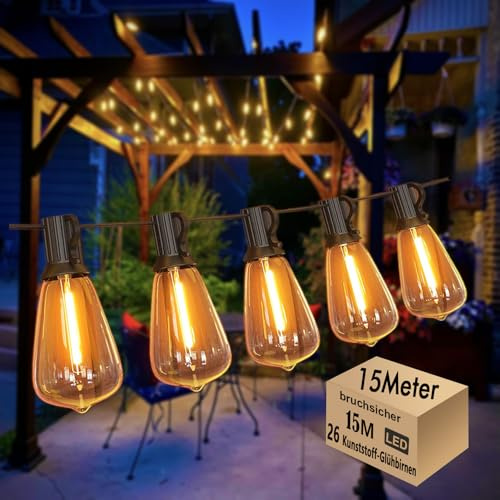 Skeerei 15 m LED Außen-Lichterkette Wasserdicht mit 26 ST38 Birnen | 2700K Warmweiße,IP44 Wetterfest und Bruchfest,E12 Lichterketten für Party,Hochzeit,Garten,Terrasse, Pergola, Café,Balkon