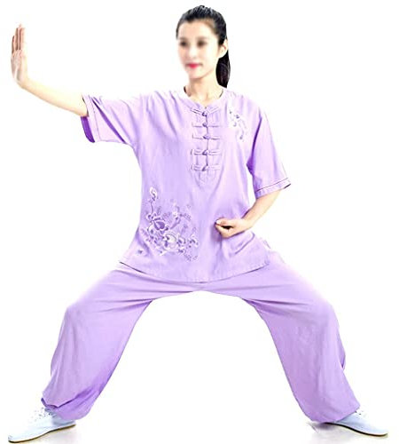 Kvinna Broderad Taichi Uniform Barn Flickor Kung Fu Dräkt Blomma Korta ärmar Bomull Linne Kampsport Uniform Wing Chun Taichi Klädset (lila L)