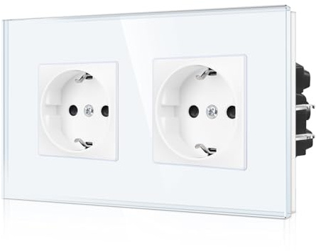 CNBINGO Doppelsteckdose Unterputz mit Krallen - Zweifach Schuko Steckdose mit Kindersicherung - 16 Amp Schutzkontakt Wandsteckdose mit Glasrahmen - Weiß