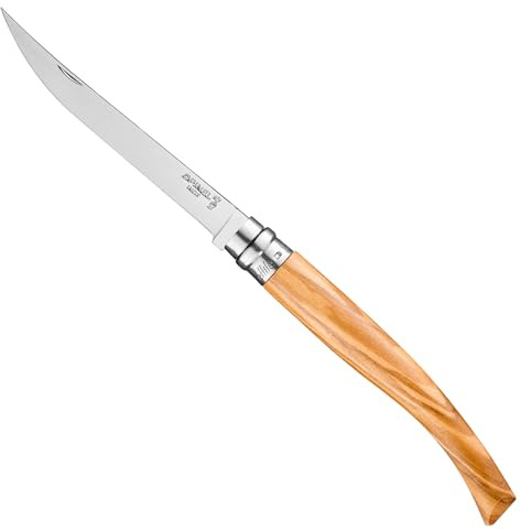 OPINEL - Nr. 12 Küchenmesser, konisch, präzise, polierte Klinge, 12 cm, Edelstahl, Olivengriff, Sicherheitsring Virobloc – hergestellt in Frankreich