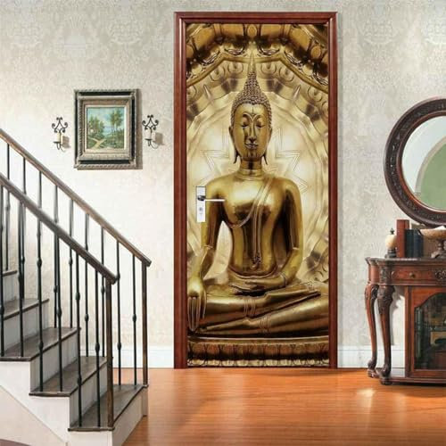 3D Goldenes Buddha-Muster Selbstklebende Türaufkleber, Türposter, Türtapete, Türbild, Türwandaufkleber, Türfoto 77 X 200 Cm Für Wohnzimmer Schlafzimmer Badezimmer Küchentür Dekoration -5Q9V9N9A9J8Q6P7