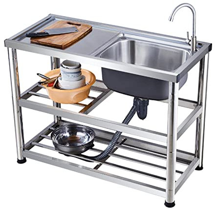 Stainless-Steel Single Bowl Kitchen Sink with Cutting Board - Outdoor Free Standing Commercial Restaurant Utility Sink for Kitchen and Bar