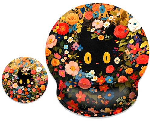 ITNRSIIET Tapis de souris ergonomique avec repose-poignet et dessous de verre, tapis de souris antidérapant et confortable, fournitures de bureau, motif chat fleuri