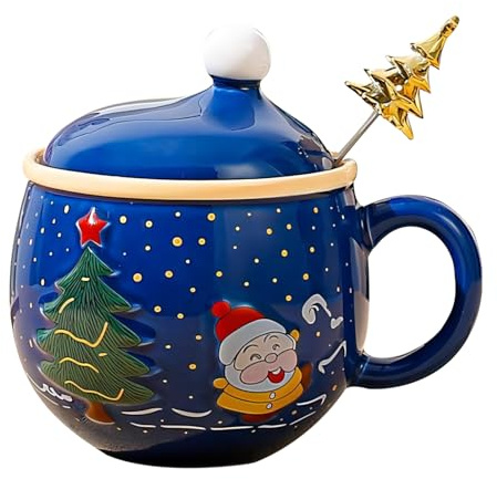 Taza de Café de Navidad Redonda Con Tapa y Palo - Cerámica, Taza de Té, Coco Caliente, Café de Invierno - Regalo Novedoso Para Festivales