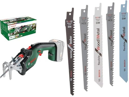 Bosch Akku-Gartensäge/Säbelsäge/Reciprosäge Keo (ohne Akku, Schneidekapazität 80 mm) + Bosch Keo Sägeblatt-Set 5-tlg (5er aus Metall, Holz,Kunststoff,Stahl)