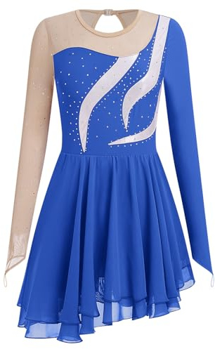 AFAVOM Figure Skating Dress for Women Girls Long Sleeve Mesh Sequin Rhinestone Ice Skating Dress Shiny Lyrical Ballet Dance Leotard Dress for Competition Performance Costume Dancewear Royal Blue L