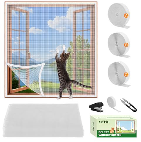 MYPIN Self-Adhesive Cat Window Guard Screen, Reinforced Mesh with Ruler/Knife/Stapler, DIY Cat-Proof Protection up to 51x59, Flat Window Nets to Keep Cats Safe Indoors