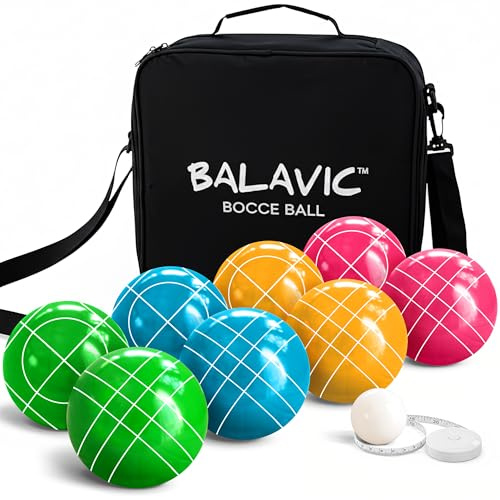 Bocce Ball Set with Pallino, Carry Bag & Measuring Tape - Bright Multicolor Bocce Ball Game Set for Backyard, Lawn & Beach - 100mm Resin Balls for 2-8 Players