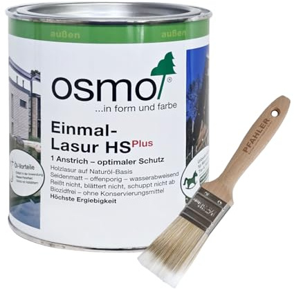 Osmo Einmal-lasur HS Plus Eiche hell 9206 transparent 0,75l Dose + Flächenstreicher Pinsel von Pfahler