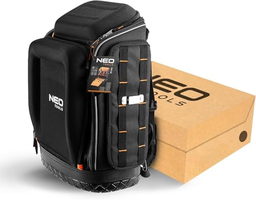 NEO TOOLS Sac à dos à outils 20 l I Poches pour accessoires | Sac à dos à outils avec fond en caoutchouc, sac à dos robuste avec renfort pour électriciens, plombiers, travailleurs d'entretien 26