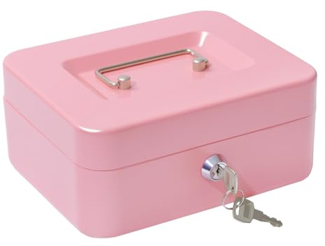 Money Tin Box with Key, Portable Cash Box with Coin Tray, Small Cash Tin for Home, Office and Events (Pink-medium)