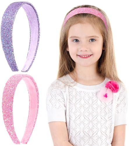 COMNICO 2 PCS Glitter Headbands for Girls, Cute Sparkly Wide Thick Head Bands Bling Non Slip Hairband Rainbow Sequin Little Girl Hair Accessories for Children Kids Women (Pink + Purple)