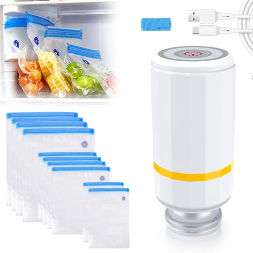 Sellador al Bolsas de Alimentos, Mini Bomba de Envasadora al Vacío Doméstica Portátil con 10 Bolsas Reutilizables, Selladoras de Vacíos para Alimentos Secos o Húmedos Aperitivos