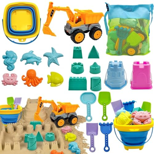 Pgtc Giocattoli Spiaggia Bambini 21 Pezzi, Giocattoli da Spiaggia per Bambini 1-3 Anni,Set da Viaggio per Bambini 4-8 Anni,Secchiello Pieghevole Rete Paletta Stampini Animali Castello Kit Costruttivo