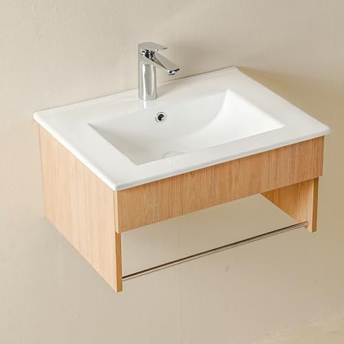 NUESTRA VIDA Mobile Bagno Sospeso 60 cm Rovere con Lavabo in Ceramica | Design Elegante Salvaspazio, Portasciugamani Integrato 61×45,5×31,3 cm | Senza Rubinetto