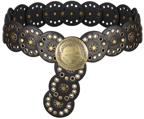 SUOSDEY Damen Western Cowgirl Scheibengürtel Vintage breiter Leder Boho Taillengürtel für Kleid schwarz