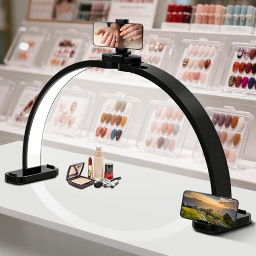 ANRUI Halbmond Lampe für Nägel mit Handyhalter: 30 Zoll LED Nageltisch Lampe Dimmbare mit 3 Farbmodi 10 Helligkeiten - 45W Faltbare Kosmetiklampe für Maniküre Tattoo Wimpernverlängerung - Schwarz