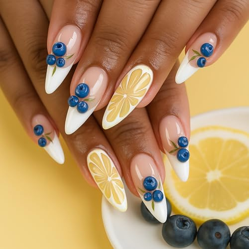 Long Almond Press-On False Nails, Nude French Tips With 3D Fruit Motifs | Glossy Pink, White, Deep Blue, Green And Yellow, Raised Blueberries, Leaf And Citrus Artwork, For Summer Gatherings