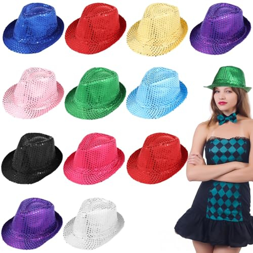 YOFAPA Zylinder, 12 Stück Paillettenhüte, Western-Glitzerhüte, Retro-Bling-Disco-Hüte, Unisex-Tanzhüte für Erwachsene und Kinder, glänzende Fedora-Partyhüte für Zaubershows, Partys, Feiern