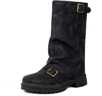 Qynthra Botas De Montar Mujer Tacón Cuadrado con Hebilla Media Pantorrilla para Caminar Al Aire Libre Y Conjuntos De Otoño Invierno Empeine Microfibra Plantilla Memory,Negro,44 EU