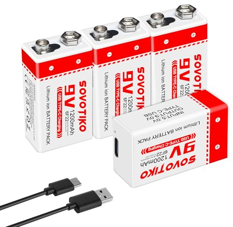 SOVOTIKO 4-Pack Rechargeable Lithium 9V Batteries, 1200mAh Battery with USB-C 2-in-1 Charging Cable, 9 Volt Li-ion 6f22 Battery for Smoke Detector