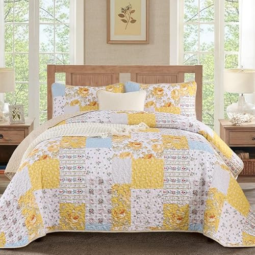 Anibedding Yellow Patchwork Quilt Set Queen Size Boho Floral Plaid Bedspread Coverlet Set, Soft Microfiber Bedding Set Summer Bed Cover, Yellow & Blue Patchwork Farmhouse Bedspread for All Season