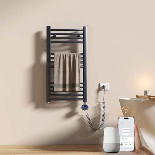 EMKE WiFi Badheizkörper Elektrisch 750x400 mm, Gebogen Handtuchheizkörper Elektrisch, Elektrischer Handtuchwärmer Handtuchtrockner Handtuch Heizkörper Bad mit Thermostat und Heizstab - 300W, Anthrazit