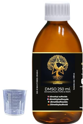 CueVitae® DMSO 99,9% Puro 250 ml – Disolvente Orgánico de Alta Pureza en Vidrio Ámbar – Con Gotero y Vasito Dosificador – Vegano, Ecológico y Sin Aditivos