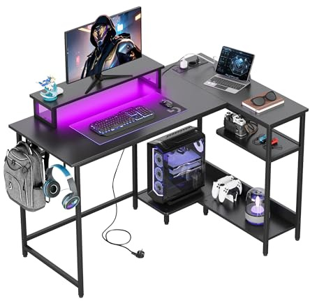 DEVAISE Bureau d'angle en L 120 x 80 cm avec Prises, LED et Étagères de Rangement, Table pour Gaming, Bureau et Télétravail, Noir