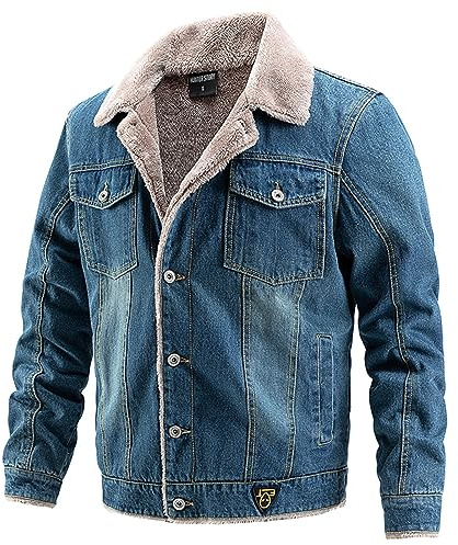 UHouse Herren Jeansjacke Gefüttert Fleece Winterjacke Cowboy Cargo Jacke Winter Jeans Jacken Vintage Hemdjacke Warm Fleecejacke Freizeitjacke Dicke Bomberjacke Reverskragen Outdoorjacke