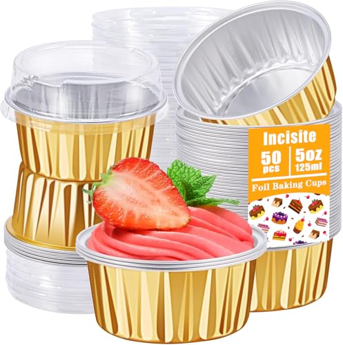 50 pirottini per muffin da 125 ml con coperchio (oro), confezione da 50 pirottini con coperchio, in alluminio, dimensioni standard