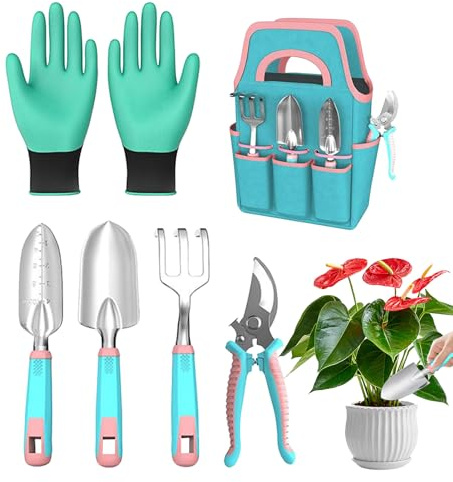 Kit Di Attrezzi Da Giardinaggio | Guanti Da Giardinaggio Pala Rastrello Cesoie | Kit Giardino con Borsa Porta Attrezzi,Per Esterno Prato Cortile Patio Balcone Serra E Interno