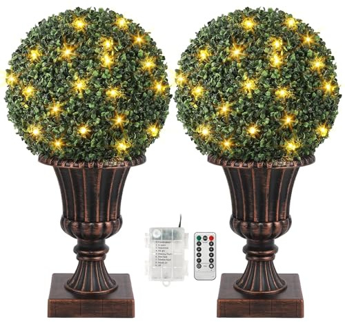 Garvee 2er Set Buchsbaumkugeln mit LED-Beleuchtung – dichte, UV-beständige Blätter, realistische Topiary-Bälle im antikfarbenen Topf, inkl. Fernbedienung, Timer, wartungsfrei – Kunstpflanze für Innen