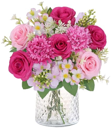 Weldomcor 2 Bunches Pink Artificial Flowers, Fake Roses Flowers Faux Silk Hydrangea Flower Bouquets for Vase DIY Arrangement Wedding Bridal Bouquet Party Centerpiece Home Decor (Rose Red)