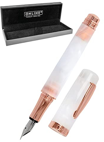 Online Füllhalter Bohemian Art White Rose, aus Kunstharz, Füller mit Iridiumfeder M (medium), Füllfederhalter für Standard-Tintenpatronen, in Geschenkbox
