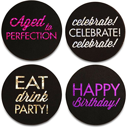 Pavilion Gift Company 73738 Hiccup - Happy Birthday Themed Sparkle Round Drink Coasters, fibreboard, Multicolor