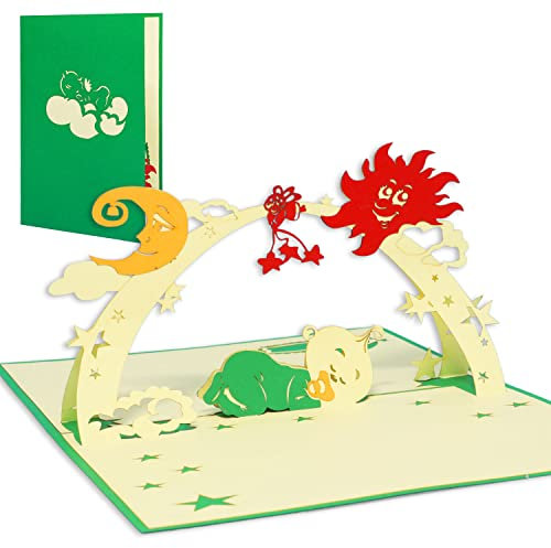 LINPOPUP®, LIN17229, Pop Up Karte, 3D Karte Glückwunschkarte Geburtskarte Klappkarte Geburt Baby Neugeboren Schlafbaby, neutral Grün, N97