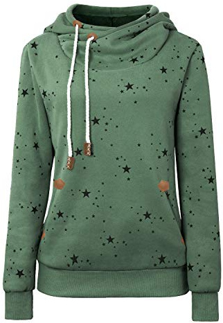 Womens Hoodies Long Sleeve High Necked Printed Hoodies Casual Comply Pullover Sweatshirts with Pockets(Green,L)