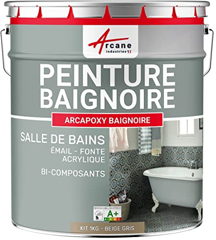 Peinture Baignoire Lavabo Bac à douche : Résine Salle de Bain pour Baignoire émail, acrylique et fonte - 1 kg (jusqu'à 3 m² en 2 couches) Beige Gris - RAL 1019 - ARCANE INDUSTRIES