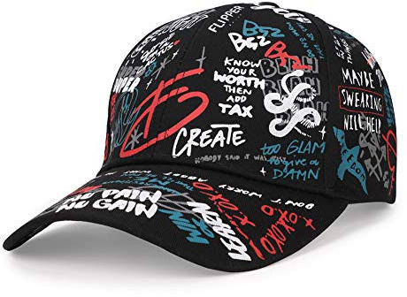IBLUELOVER Men Women Baseball Cap Printed Snapback Cap Fashion Hip Hop Hat Lightweight Soft UV-Protection Sun Hat Breathable Sports Hat with Sweatband for Unisex Outdoor Black